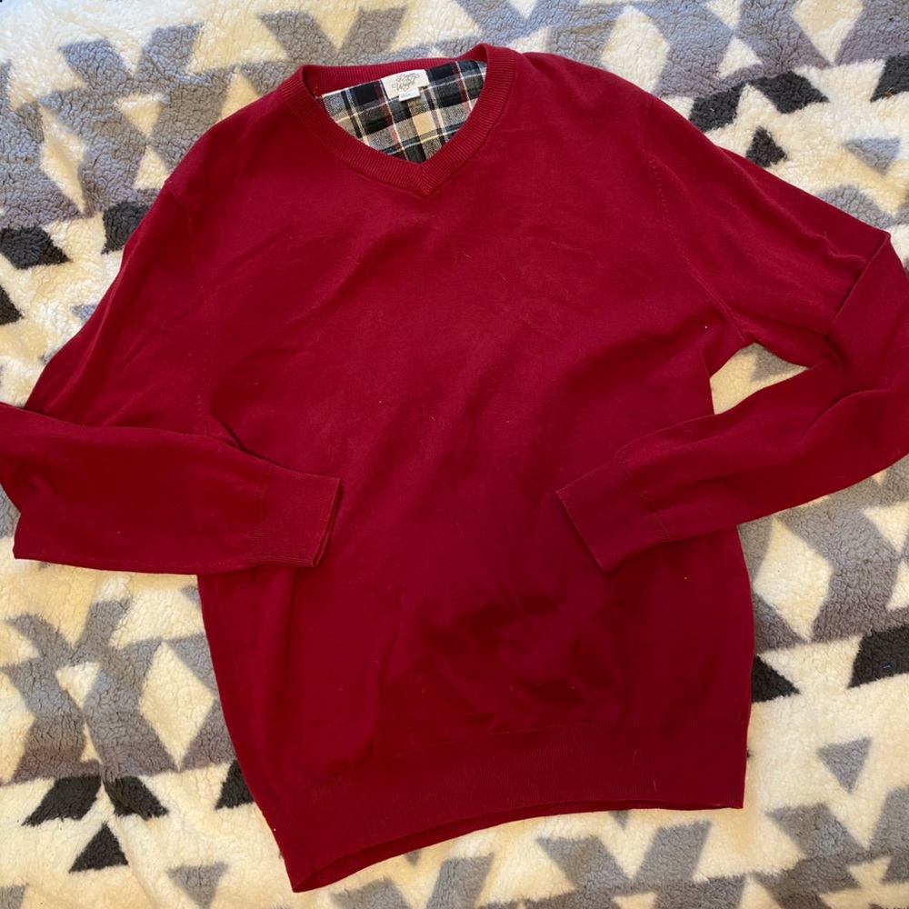 Bowen & Wright Mens Red V-Neck Cotton Sweater Plaid Neck Trim Size Large